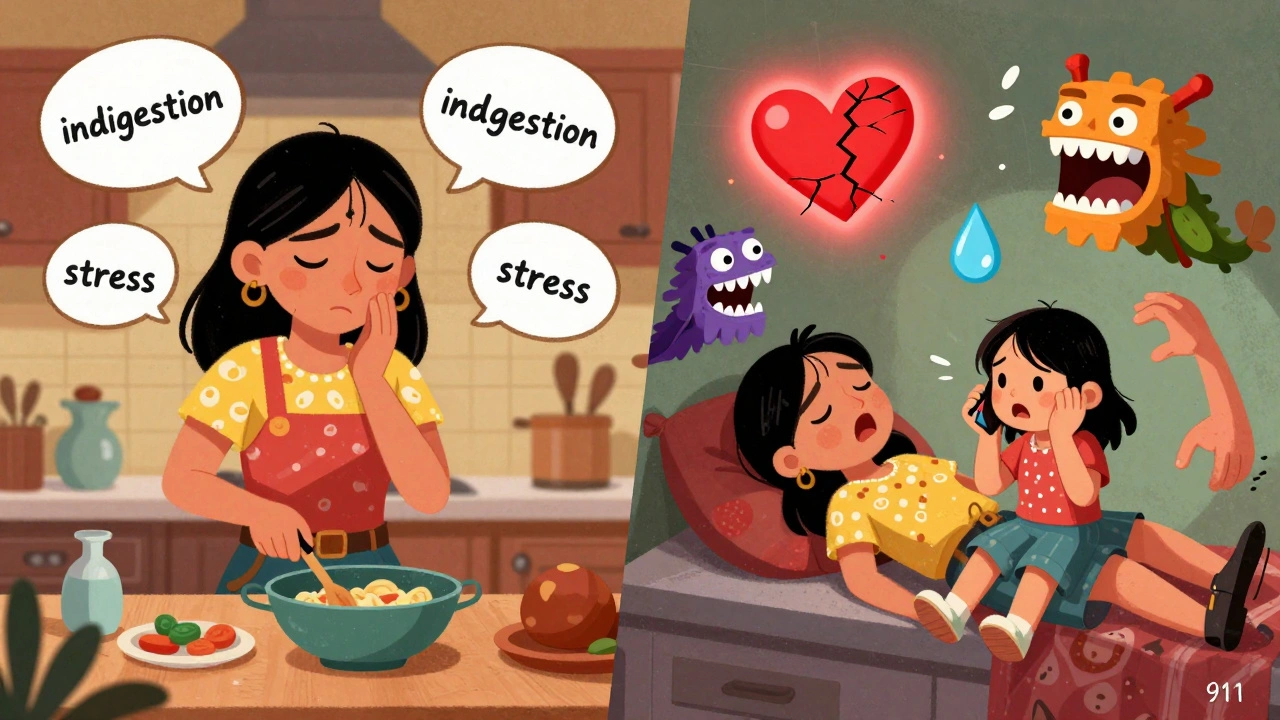 A woman ignoring jaw pain at home, contrasted with her collapse as her daughter calls 911, surrounded by symbolic symptom creatures.