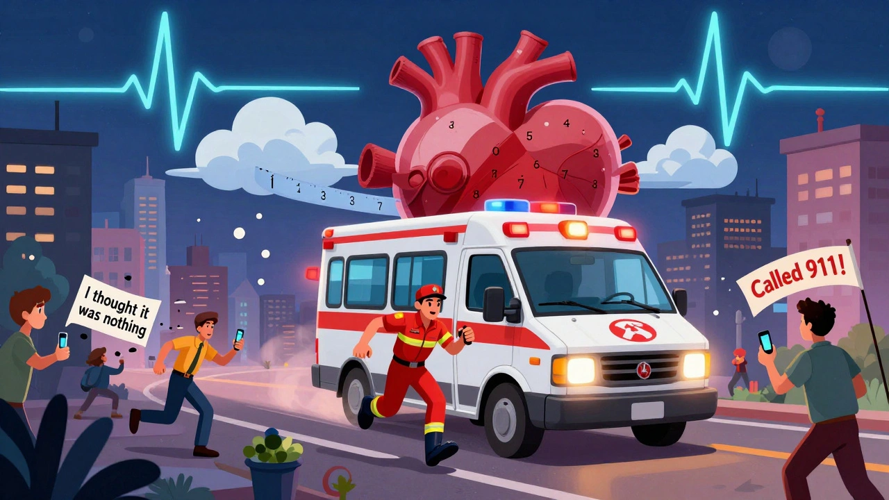 An ambulance shaped like a heart races through a colorful city as people across town realize they must call for help.