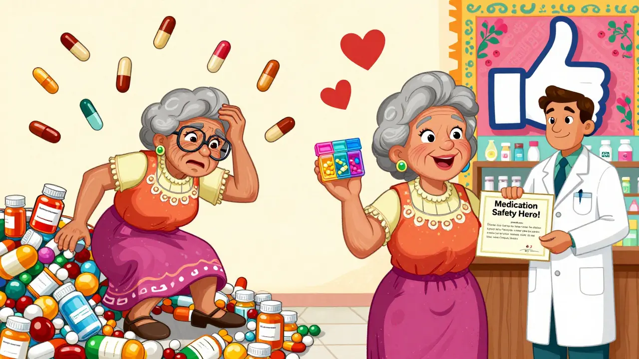 An elderly woman transforms from overwhelmed by pills to confident and safe, holding a pill organizer with a pharmacist’s support.