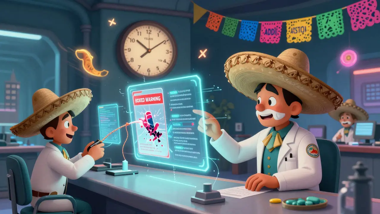 Animated pharmacists monitoring holographic drug warnings with AI tools in a futuristic control room