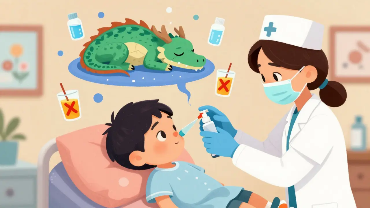 Child receives nasal sedative while floating clear liquids appear above, with banned drinks marked by red Xs in playful style.