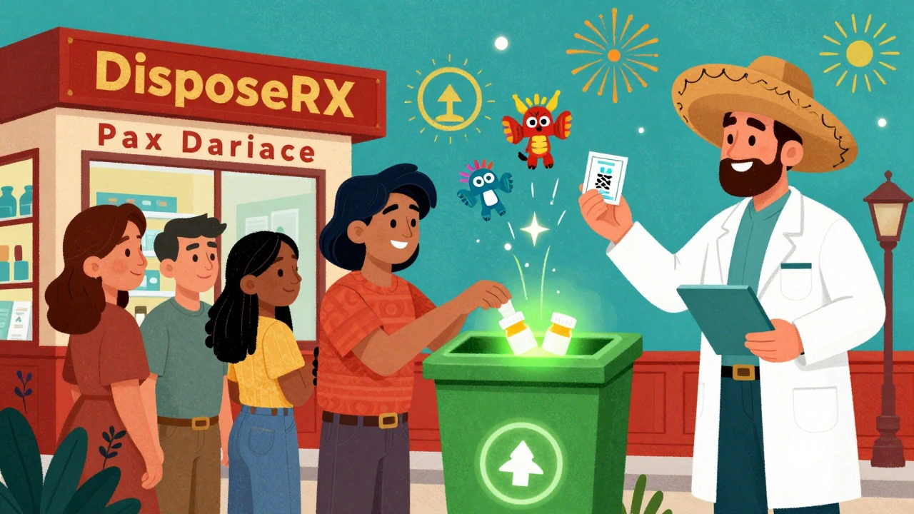 Community members dropping medications into a glowing disposal bin outside a colorful pharmacy.