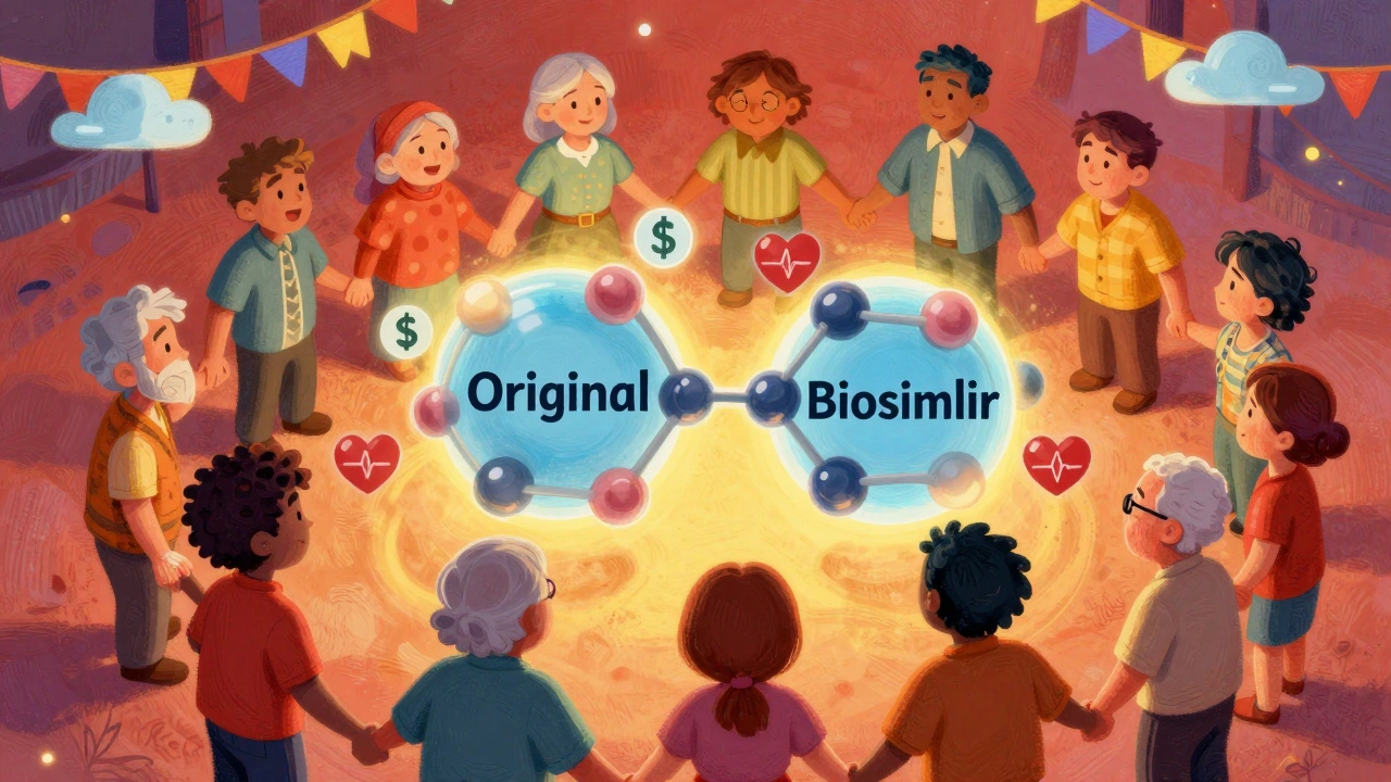 Diverse patients holding hands around a glowing molecule splitting into two identical versions.
