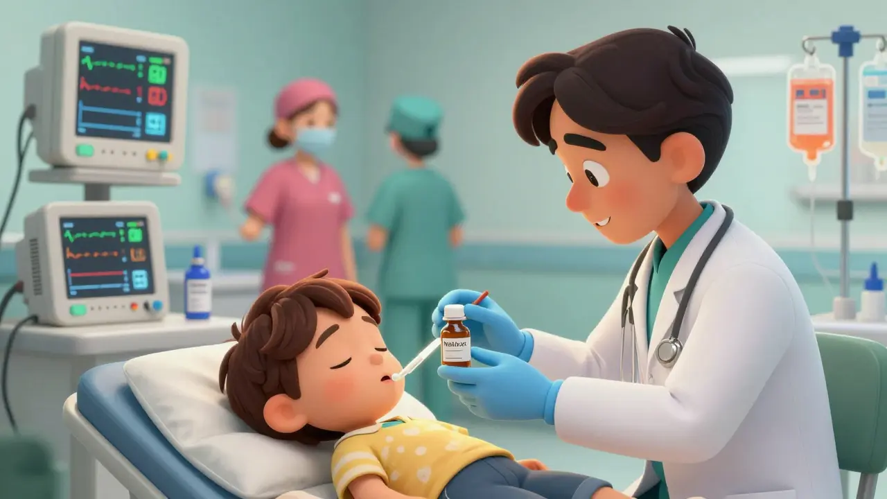 Doctor gives naloxone to child in ER while parent holds empty medicine bottle