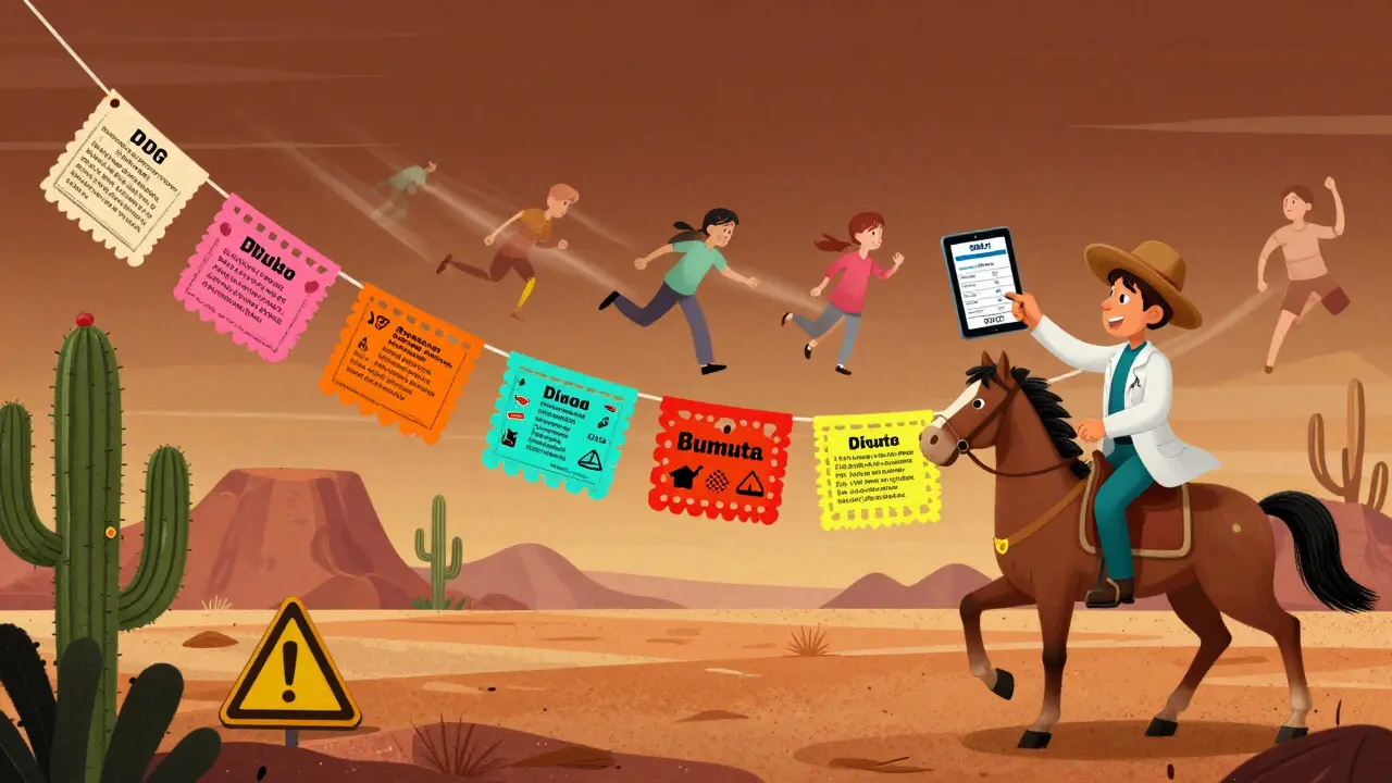 Drug labels unfolding like a colorful banner across a desert, with a doctor on horseback observing changes