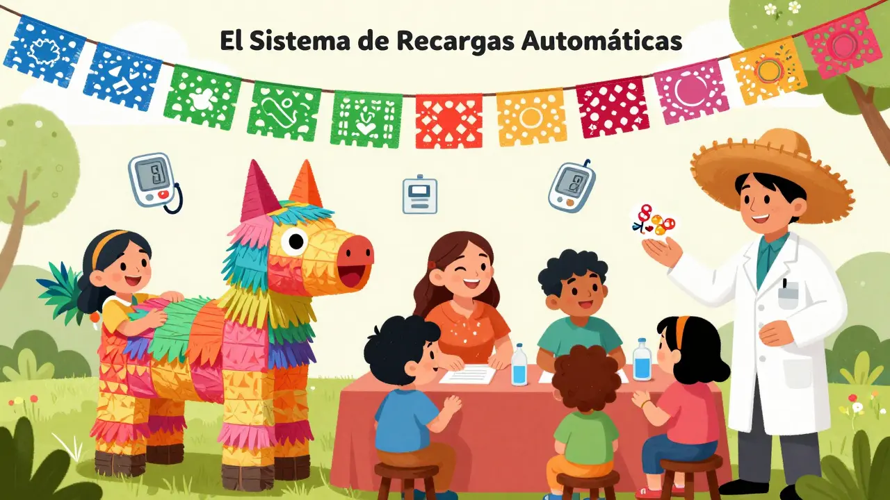 Families enrolling in auto-refills at a piñata-shaped booth with a colorful flowchart above.