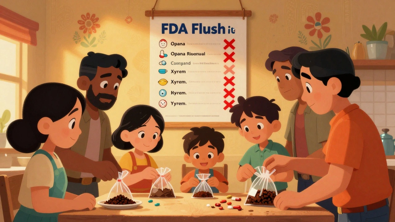 Family mixing pills with coffee grounds in a sealed bag, with FDA flush list poster on wall.