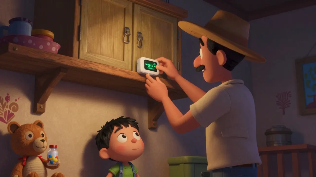 Father installs smart pill box on shelf as child watches curiously