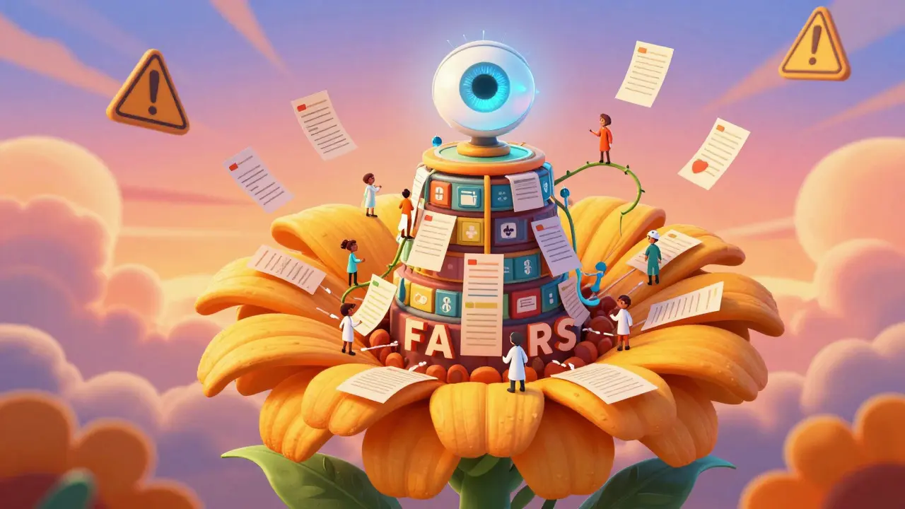 Giant marigold-shaped FDA database receiving reports from patients and healthcare workers.