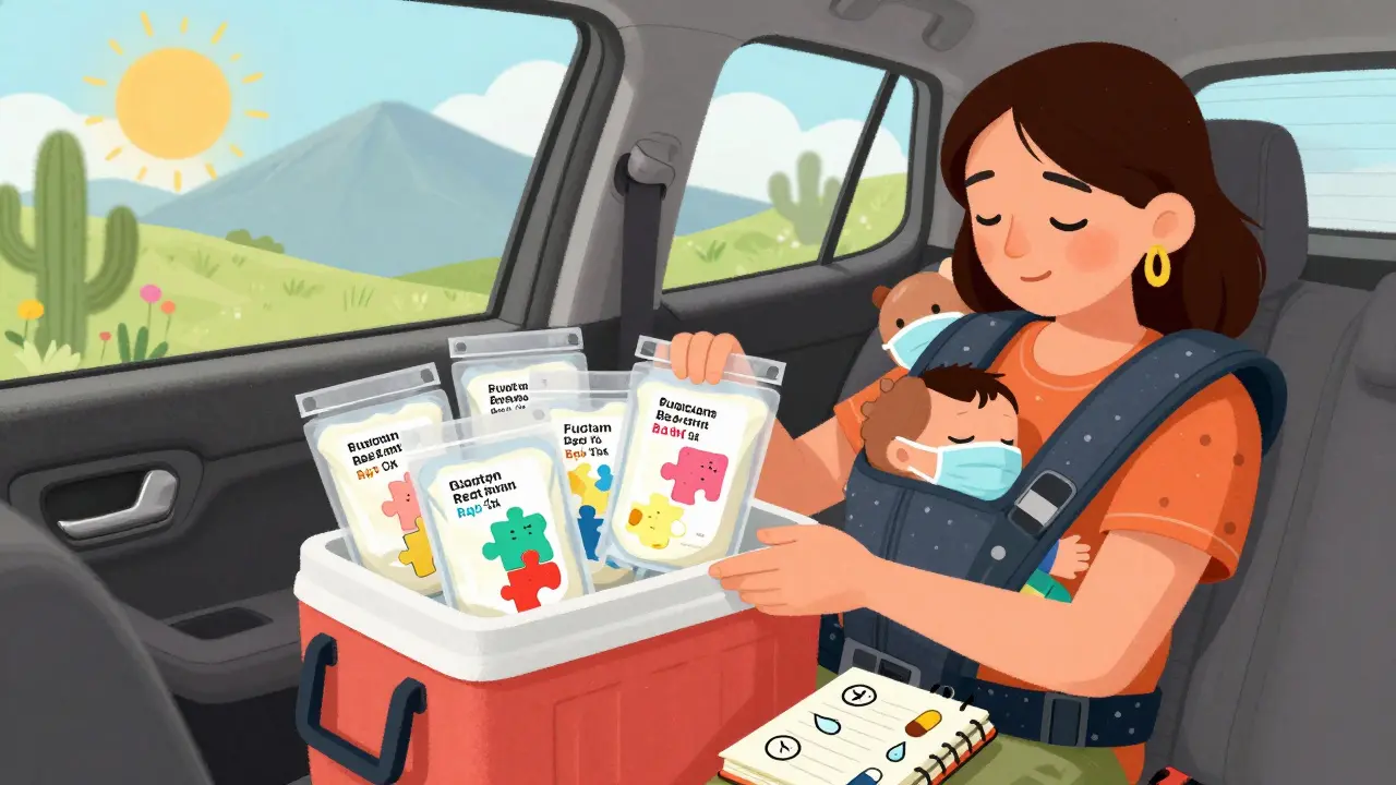 Mother packing labeled breast milk bags in a cooler for a road trip, baby sleeping nearby.