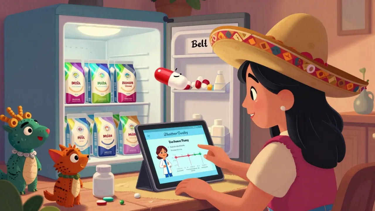 Mother using a tablet with a cartoon doctor to check medication safety while breast milk is stored in a colorful freezer.