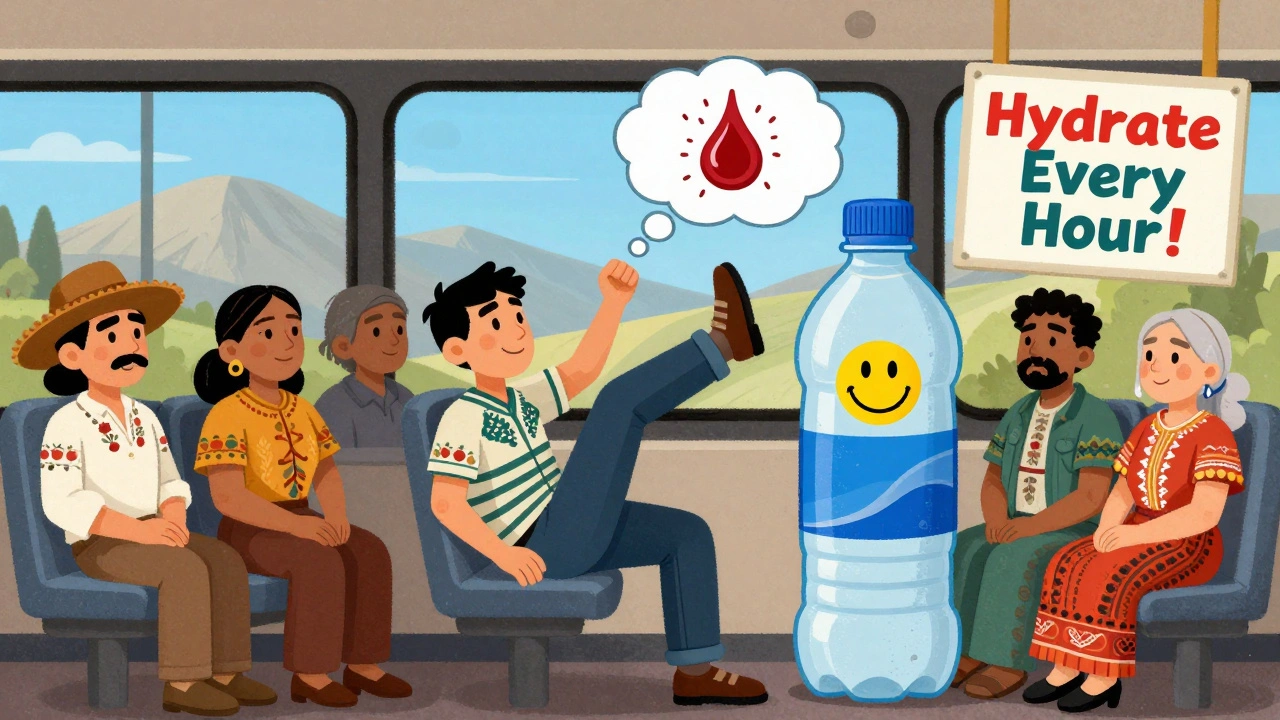 Passenger doing leg exercises on a bus with water bottle and hydration reminder in background.