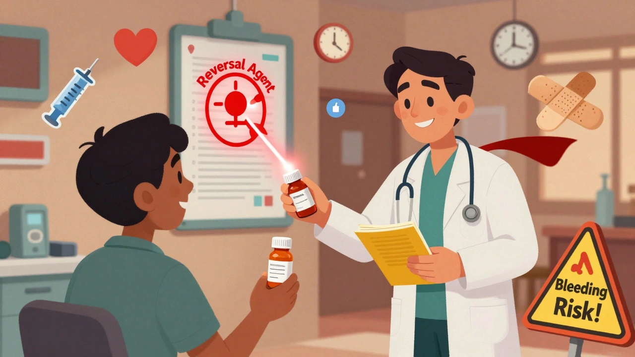 Patient handing medical documents to doctor in foreign ER with glowing reversal agent symbol.