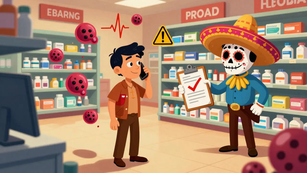 Patient reporting a drug reaction at a pharmacy with floating medical symbols and friendly FDA agent.