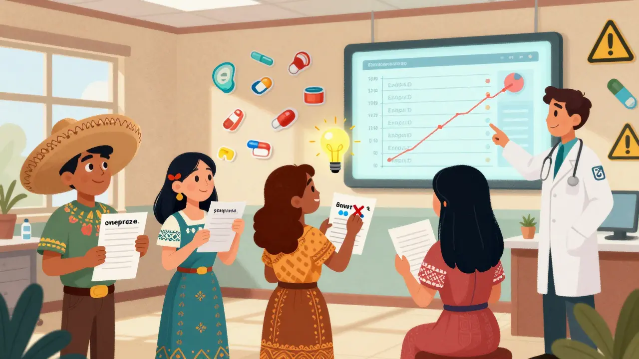 Patients and doctor in a clinic with medication lists and enzyme charts, shown in festive Mexican cartoon illustration.