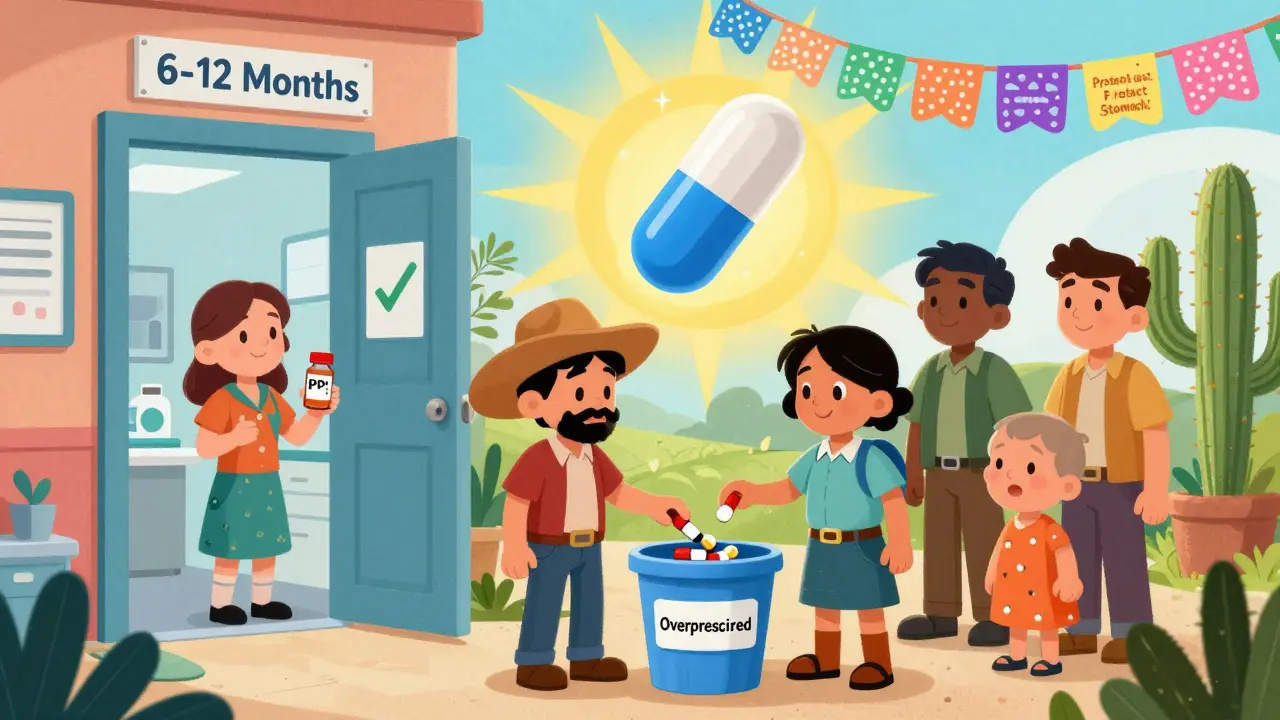 Patients at a clinic door with one discarding unnecessary PPIs, while a futuristic pill shines in the distance.