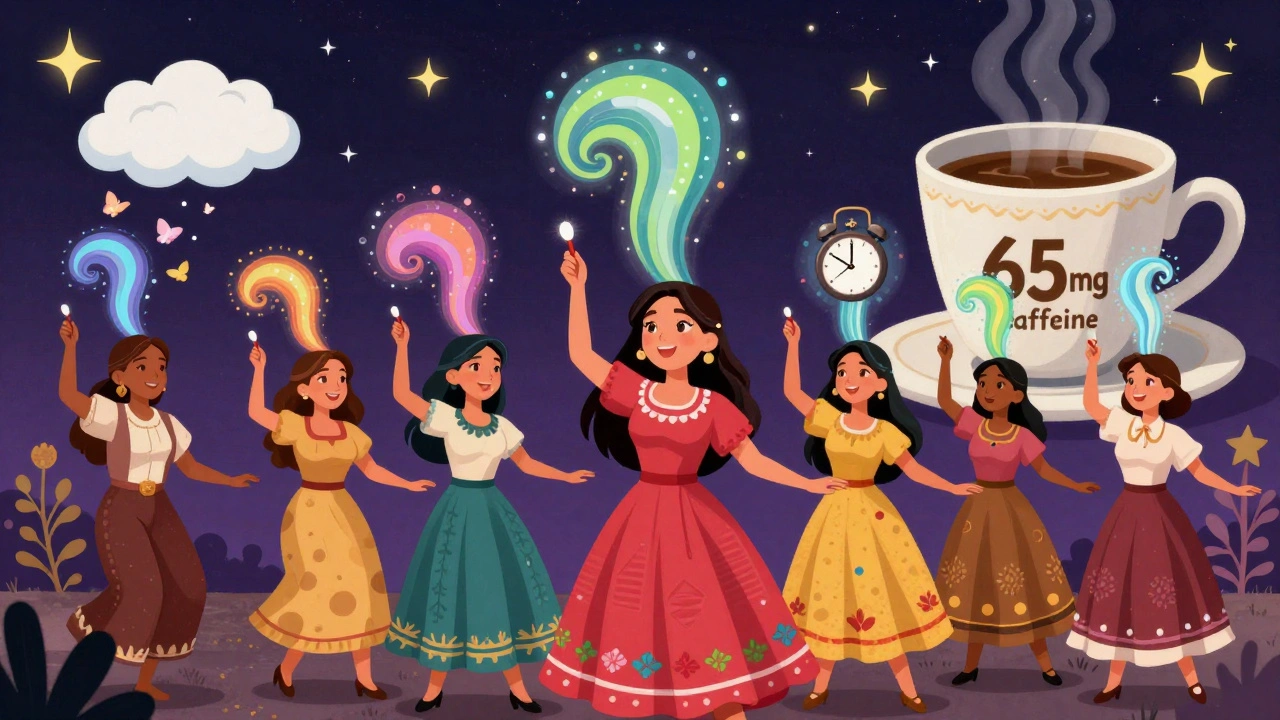 People dancing with migraine pills as magic wands, releasing relief as colorful waves.