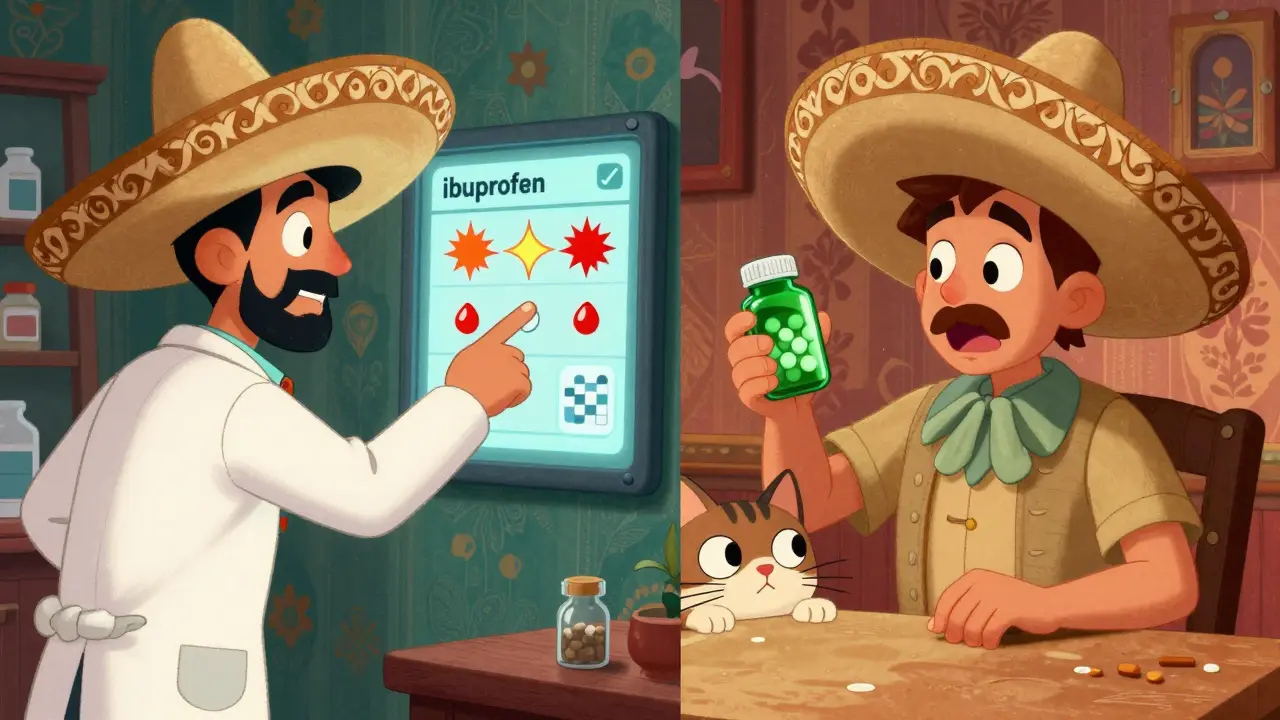 Pharmacist pointing at drug interaction warnings on a screen while patient holds up a green pill, vibrant folk art style.