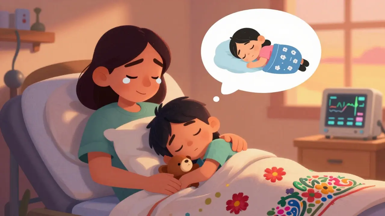 Sleepy child wakes up cuddling a stuffed animal in recovery, with a dreamy cloud thought bubble above.