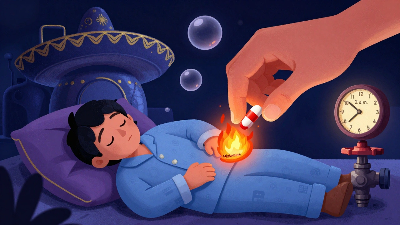 Someone taking Pepcid at night as a giant valve reduces acid production in their stomach.