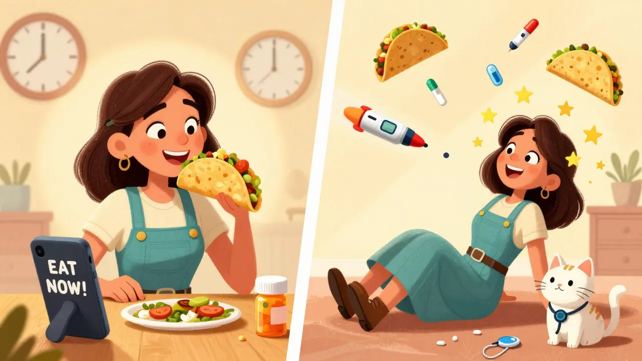 Split scene: woman setting eat reminder with taco vs. past self collapsing, glucose tablet flying like a rescue rocket.