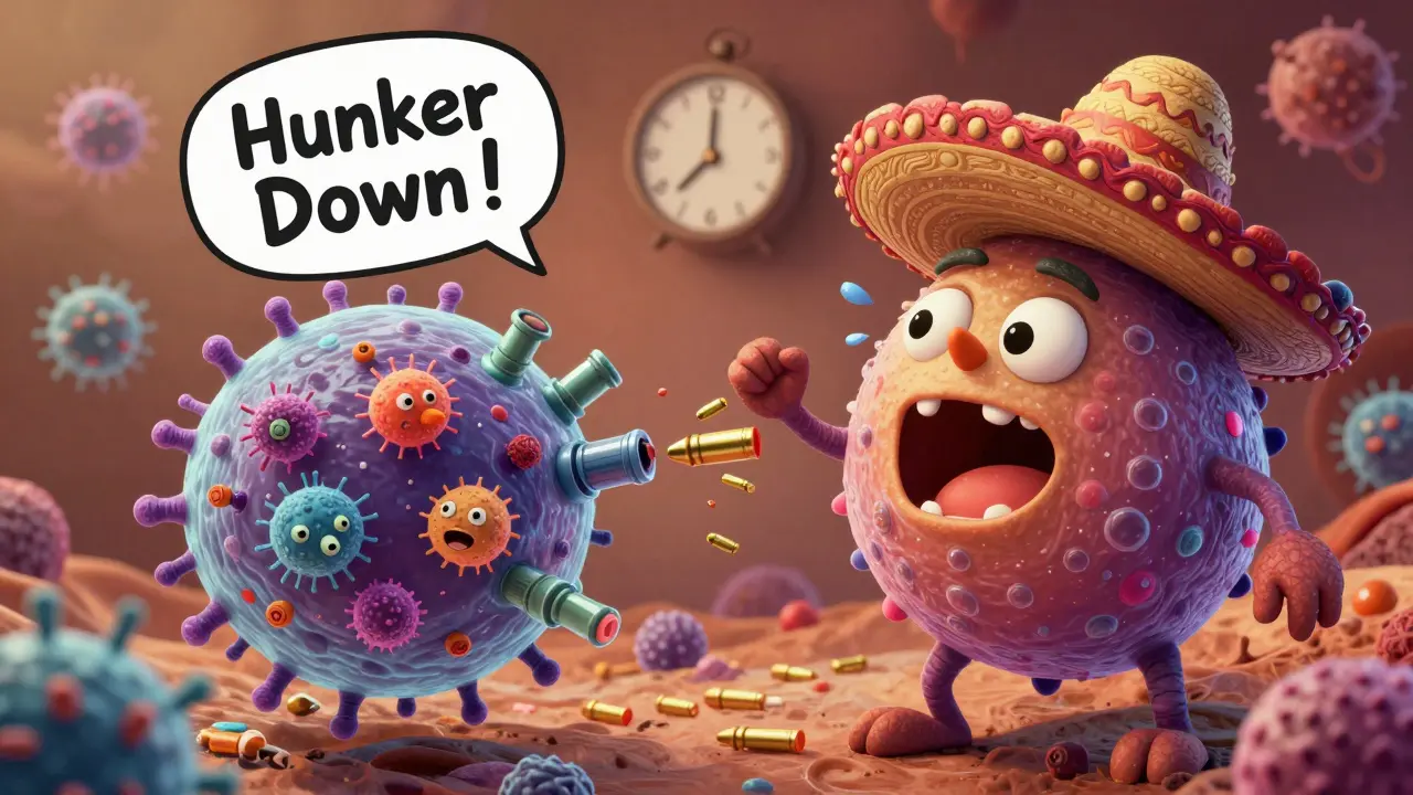 TB bacteria inside a macrophage using molecular valves to eject rifampin, illustrated in colorful Mexican alebrije style.