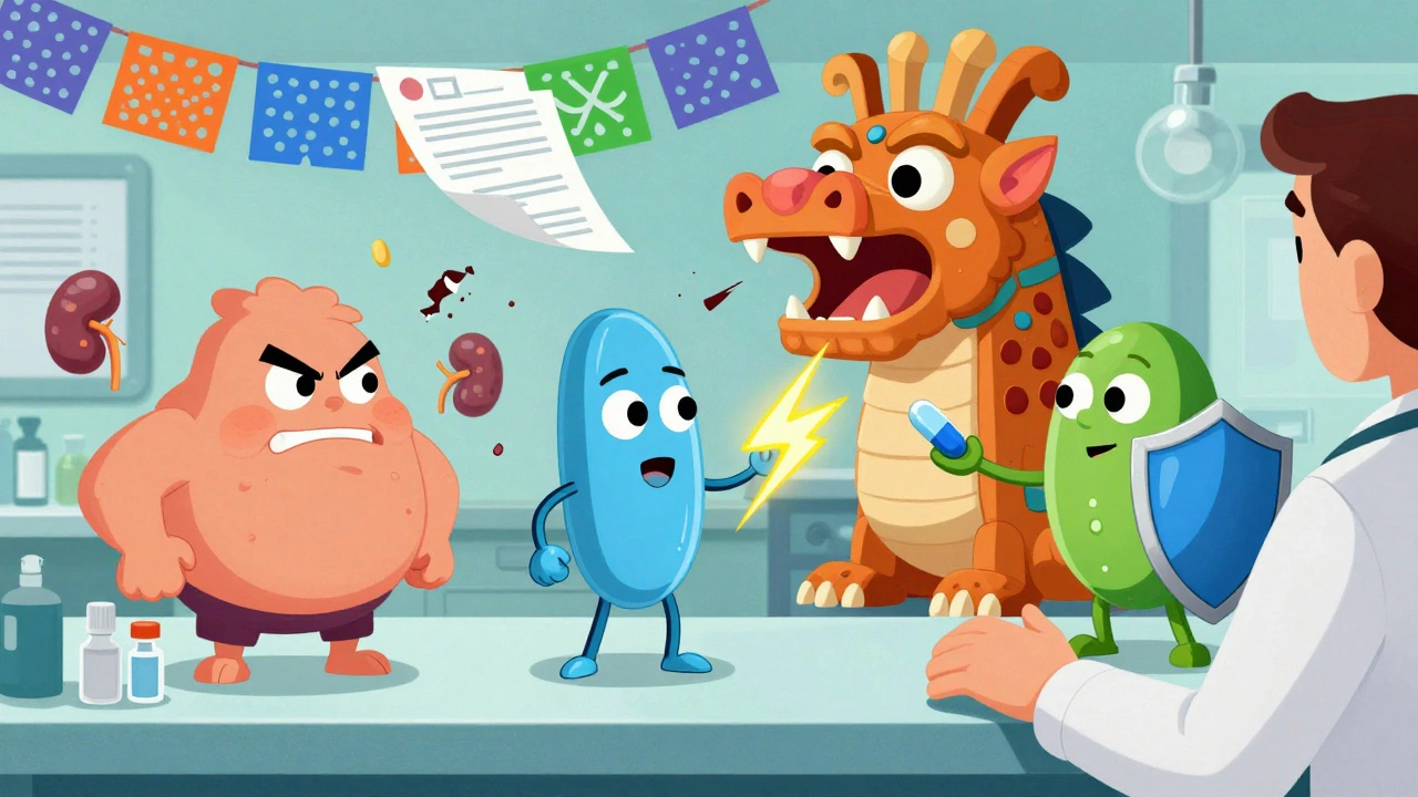 Three animated antifungal drugs fighting a giant enzyme creature, with crumbling kidney cells in the background.