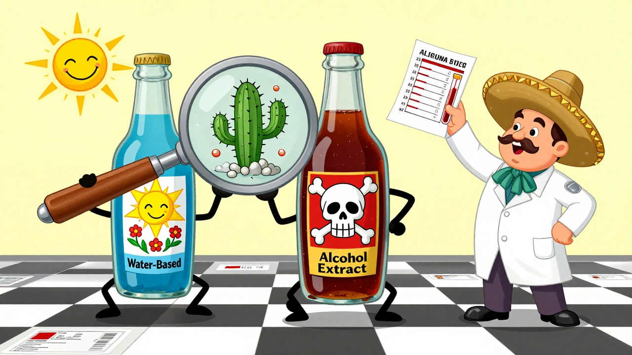 Two kava bottles side by side — one safe, one toxic — with prescription labels and enzyme damage shown in vibrant Mexican animation.