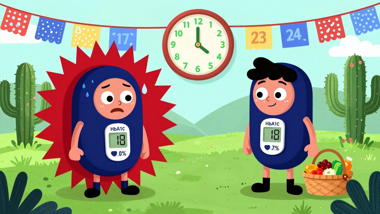 Two people with same HbA1c number but different glucose patterns: one chaotic, one calm, illustrated in vibrant Mexican cartoon style.