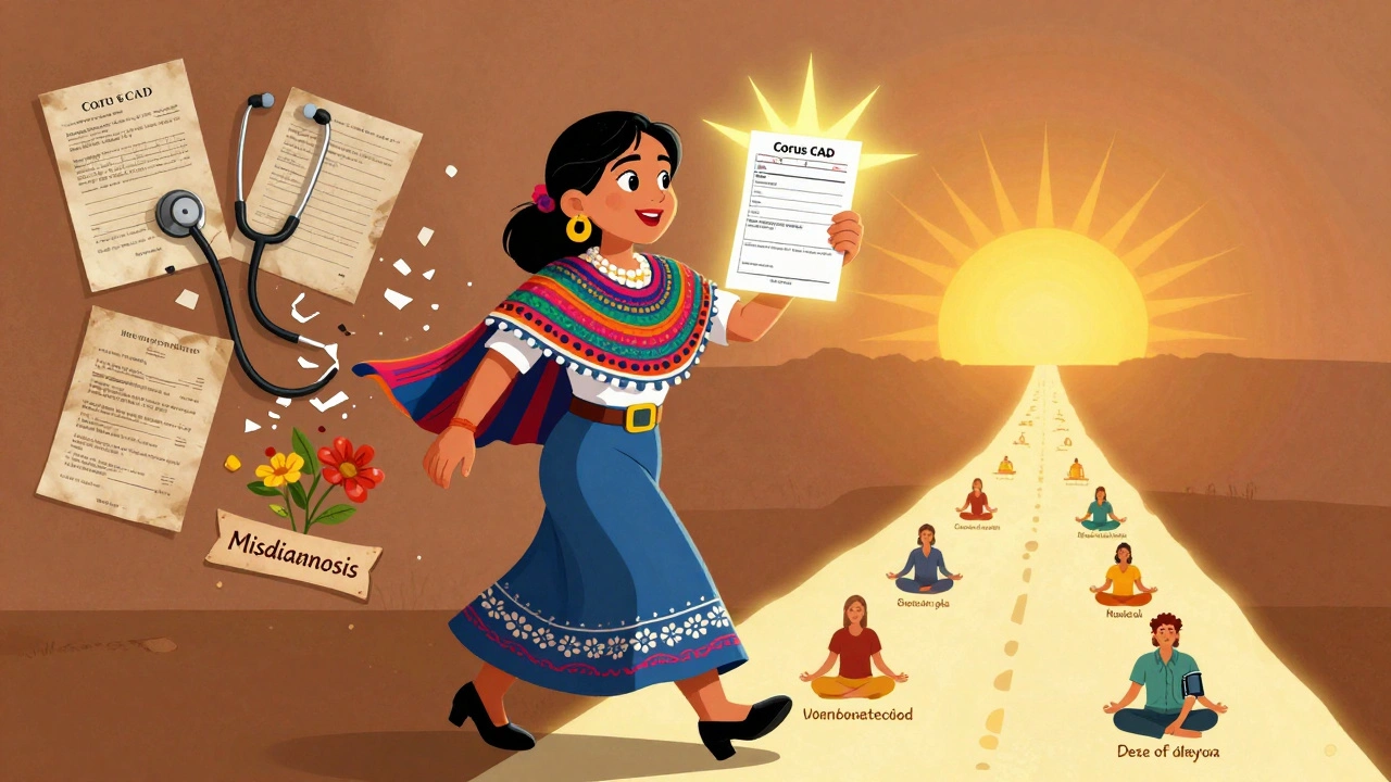 Woman entering a women&#039;s heart center holding a glowing test result, leaving behind broken stereotypes.