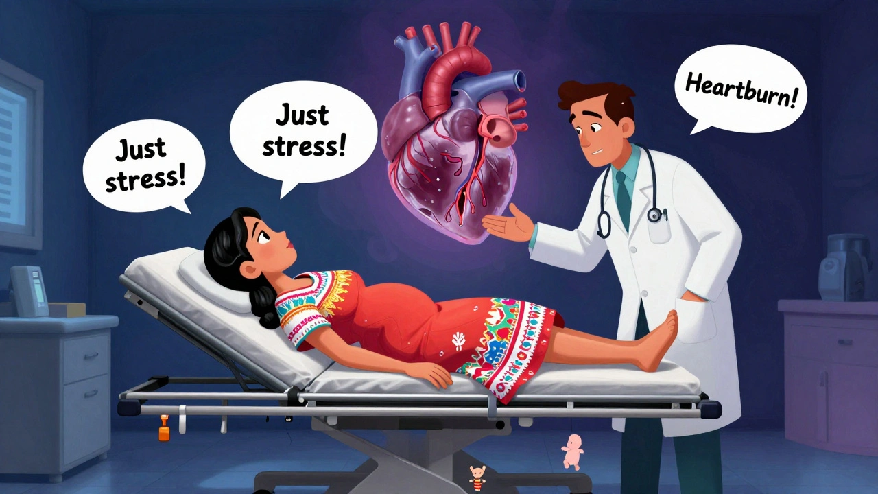 Woman on ER gurney dismissed by doctors while ghostly heart damage floats behind her.