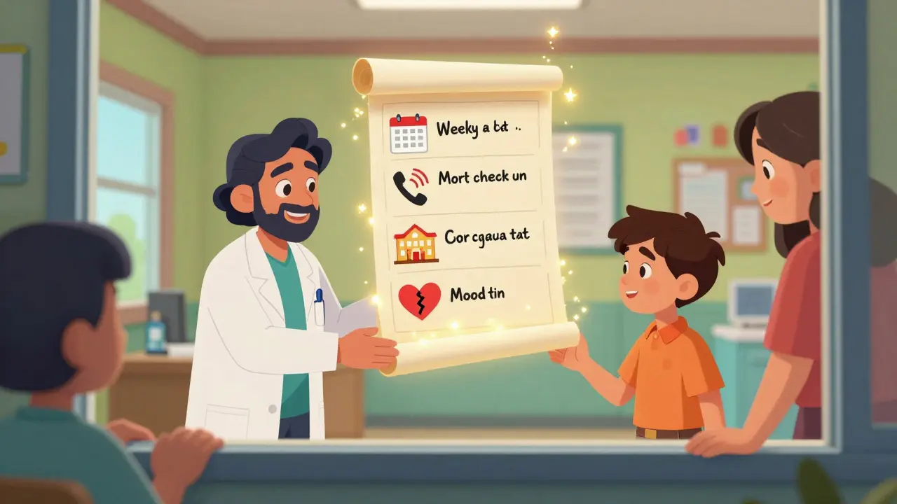 A clinician and teen review a glowing checklist of monitoring steps, with parents watching supportively from a window.