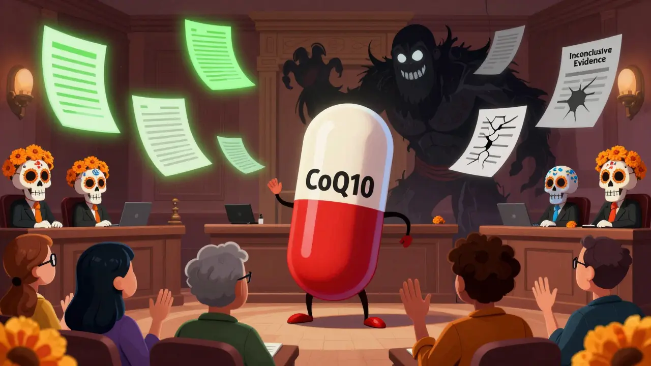 A CoQ10 capsule hero in a courtroom battle against 'Inconclusive Evidence,' surrounded by floating study reports, in Mexican folk-art cartoon style.