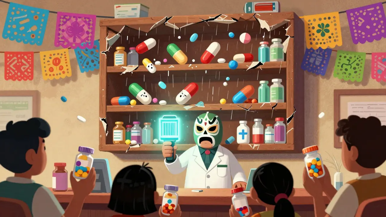 A crumbling pharmacy shelf with crying pill faces, a masked pharmacist holding a scanner, under colorful Mexican banners.