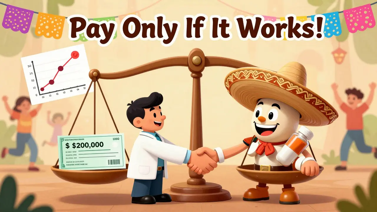 A doctor shakes hands with a drug company mascot as a scale balances a high-cost drug with a refund check.