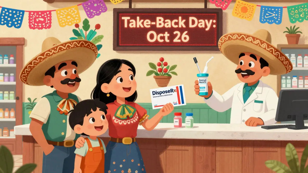 A family receives a safe disposal envelope and sharps container from a pharmacist at a pharmacy.