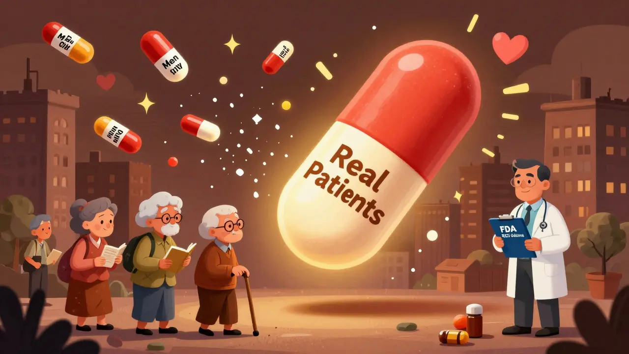 A glowing generic pill labeled 'Real Patients' above a city of seniors and women, while outdated labels shatter below.