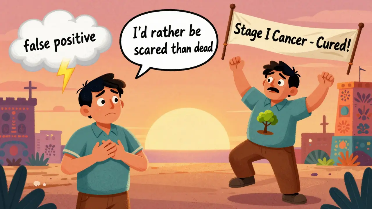 A man transformed from anxiety to joy, with a tree growing from his chest, symbolizing cancer recovery.