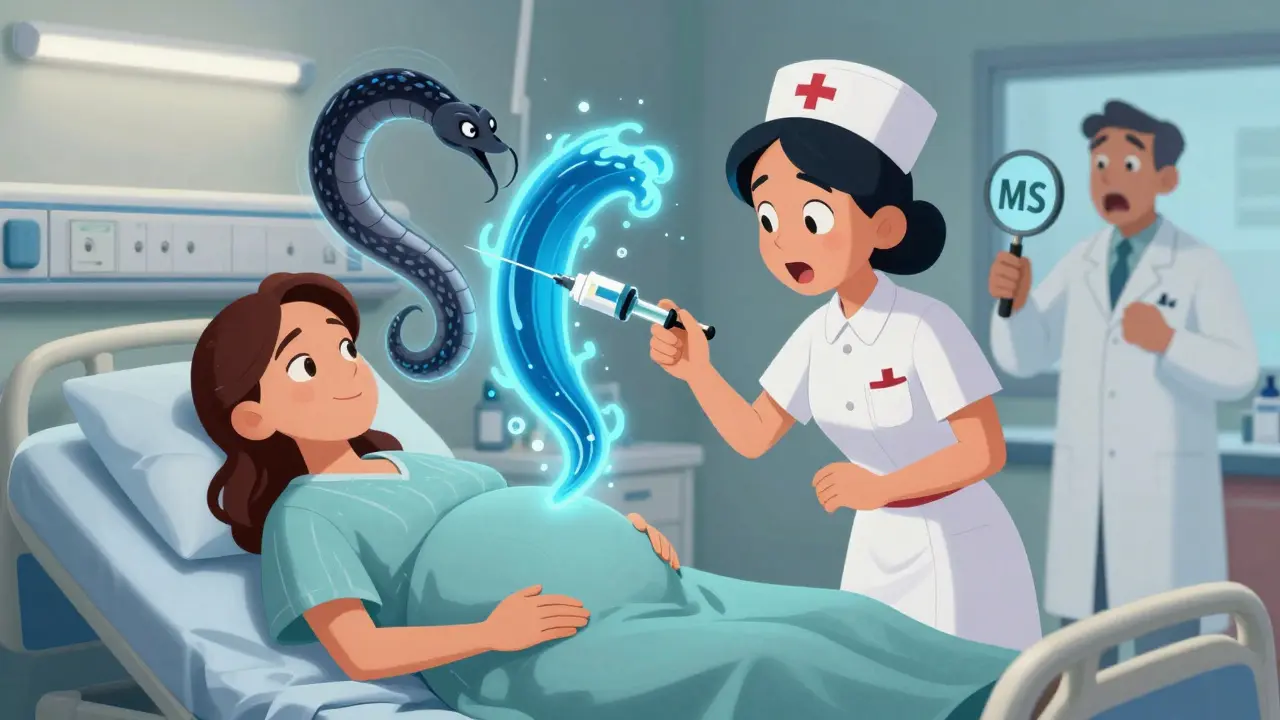 A nurse giving the wrong drug to a pregnant patient as ghostly images of morphine and magnesium clash above her.