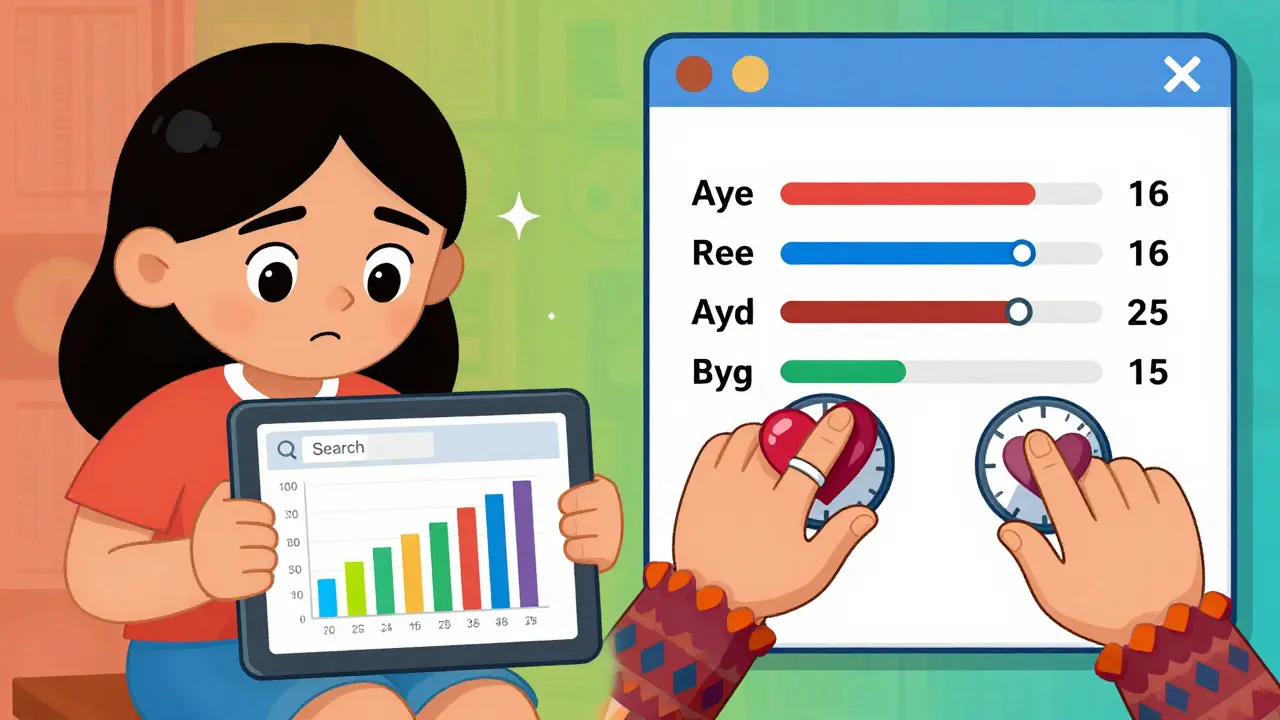 A patient searches a drug database while filters for age, gender, and outcomes appear as colorful dials.