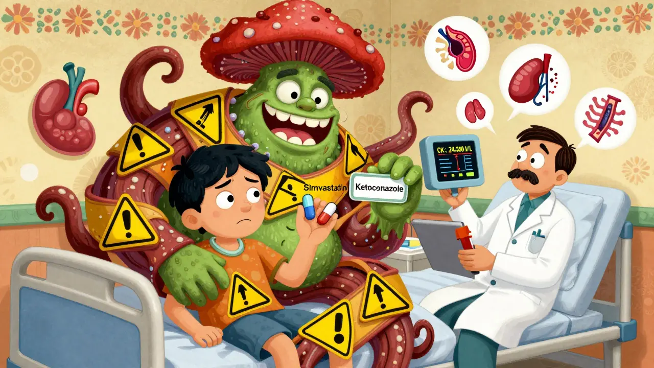 A patient surrounded by a fungal monster and warning signs, with a blood monitor showing dangerously high CK levels.