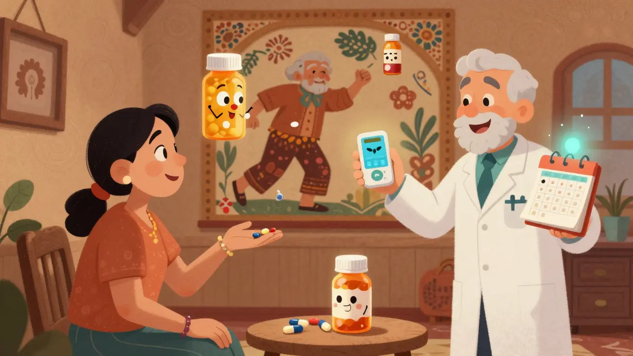 A patient surrounded by arguing pill bottles, guided by a smiling pharmacist with a glowing calendar, in folk-art style.