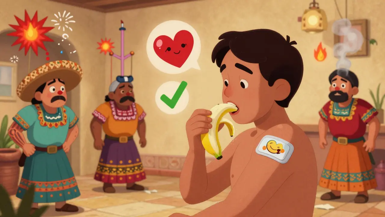 A patient with a patch eating safely while others suffer exaggerated cartoon reactions to MAOI interactions.