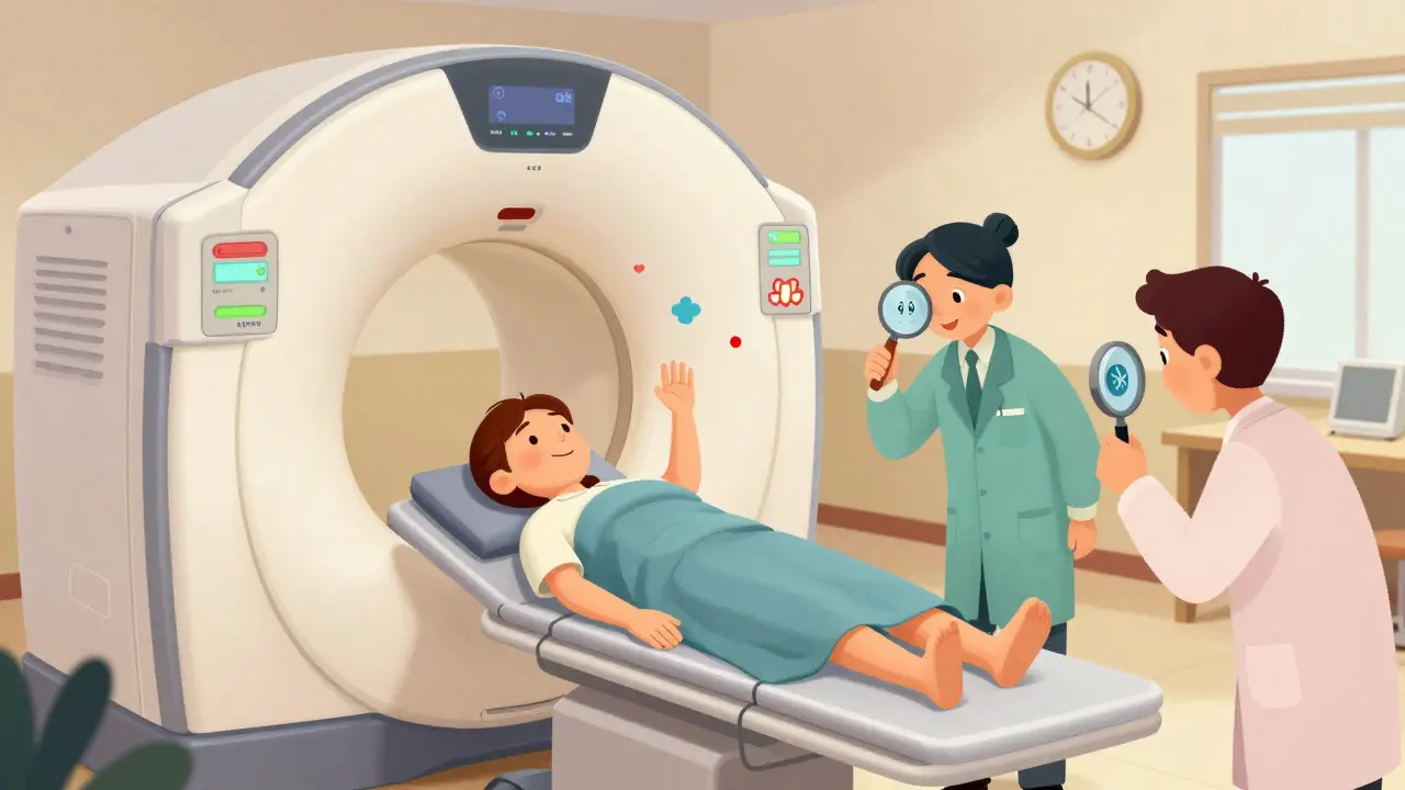A person in a CT scanner with cartoonish lung nodules floating nearby, radiologists examining them with magnifiers.