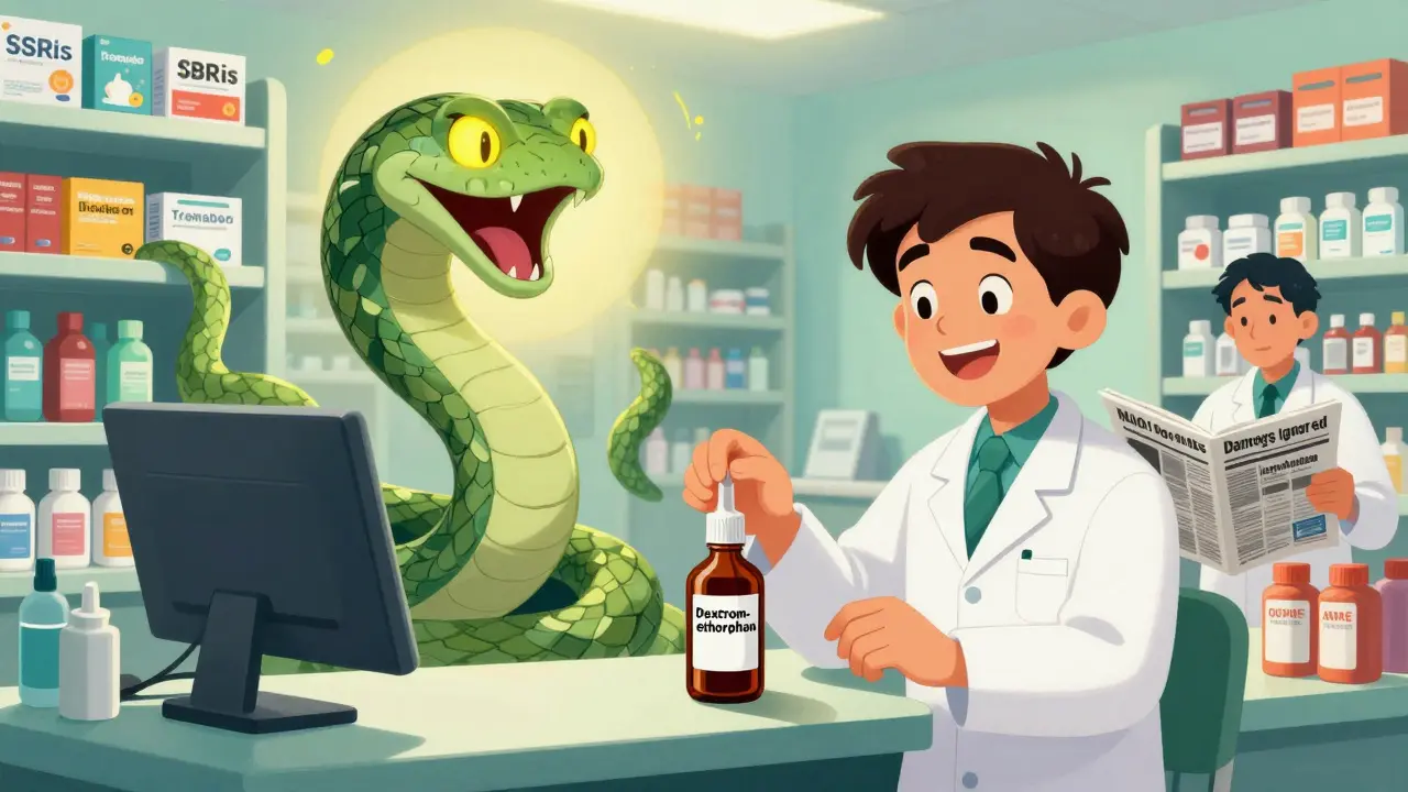 A person taking cough syrup as a serotonin snake emerges from their body, surrounded by dangerous medications.