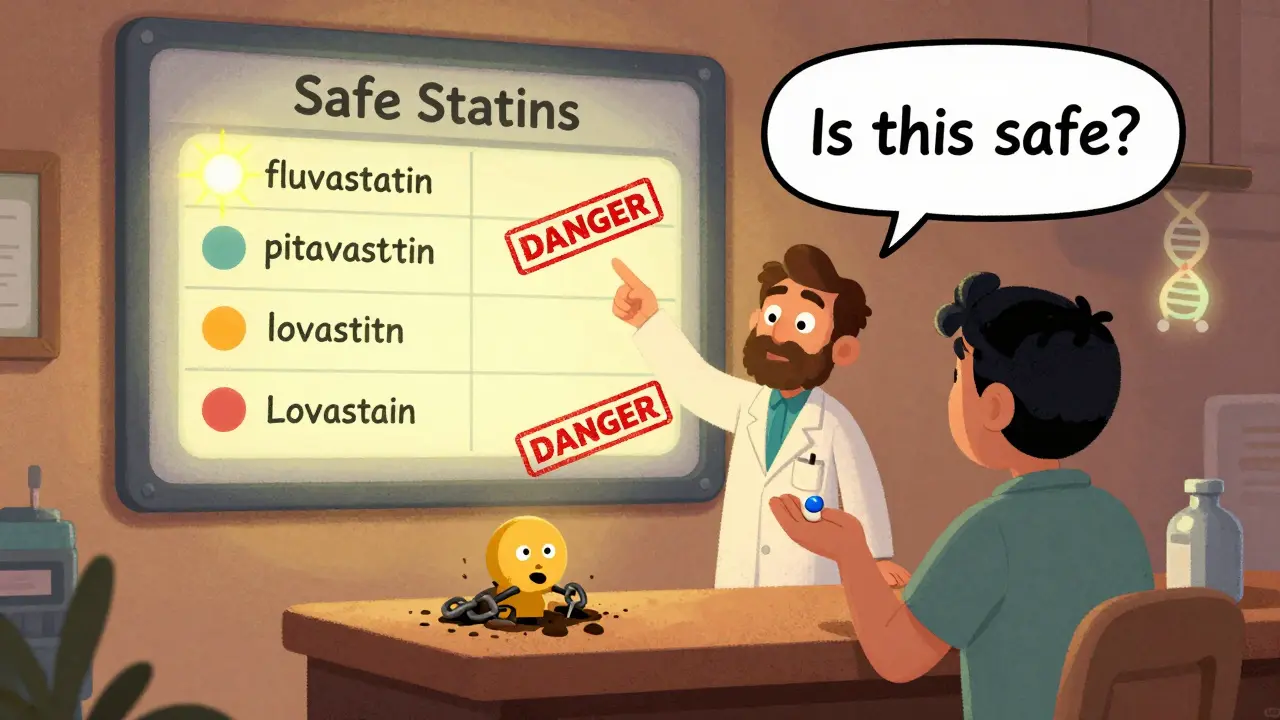 A pharmacist advising a patient with a safety chart showing which statins are safe, in vibrant Mexican animation style.