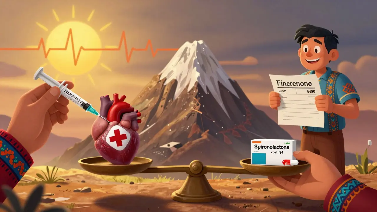 A scale balancing affordable spironolactone against expensive finerenone, with a patient holding a normal potassium test result.