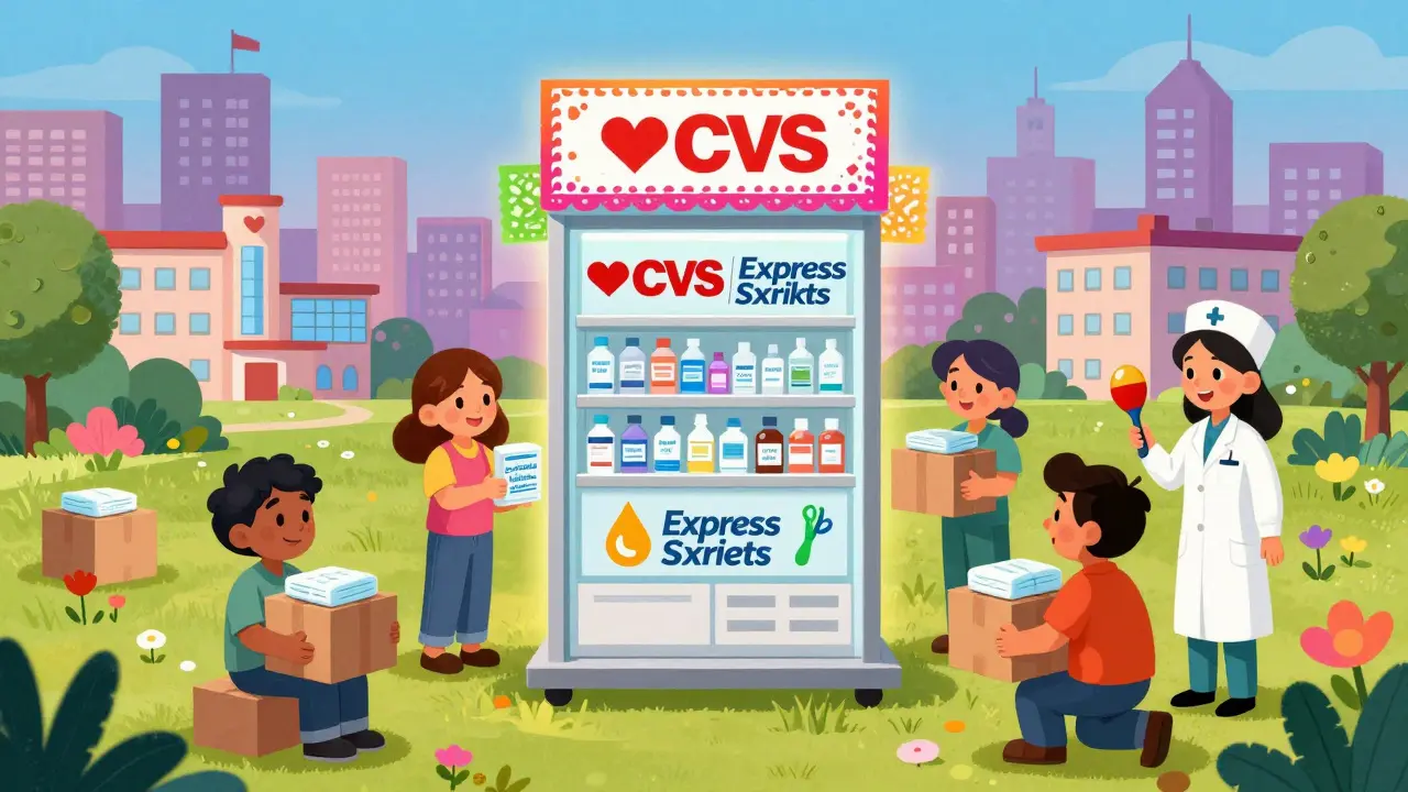 A single vibrant specialty pharmacy delivers medication with nurse helpers, while hospitals fade away in the background.