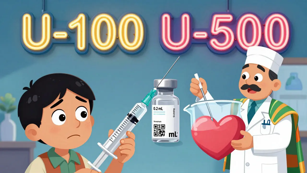A syringe being filled with insulin, with clear U-100 and U-500 labels and a pharmacist guiding the correct dose.
