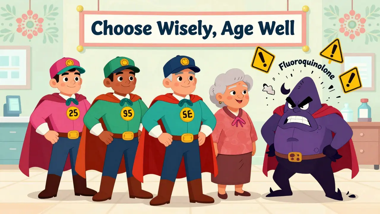 A team of safe antibiotics as heroes protecting an elderly woman from a crumbling fluoroquinolone villain.